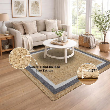 Natural Jute Area Rug featuring hand-braided jute texture with a soft gray border, perfect for enhancing living spaces.