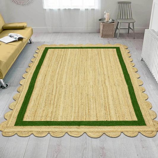 Natural Jute Area Rug with scalloped edges and a green border, perfect for adding texture to any living space.