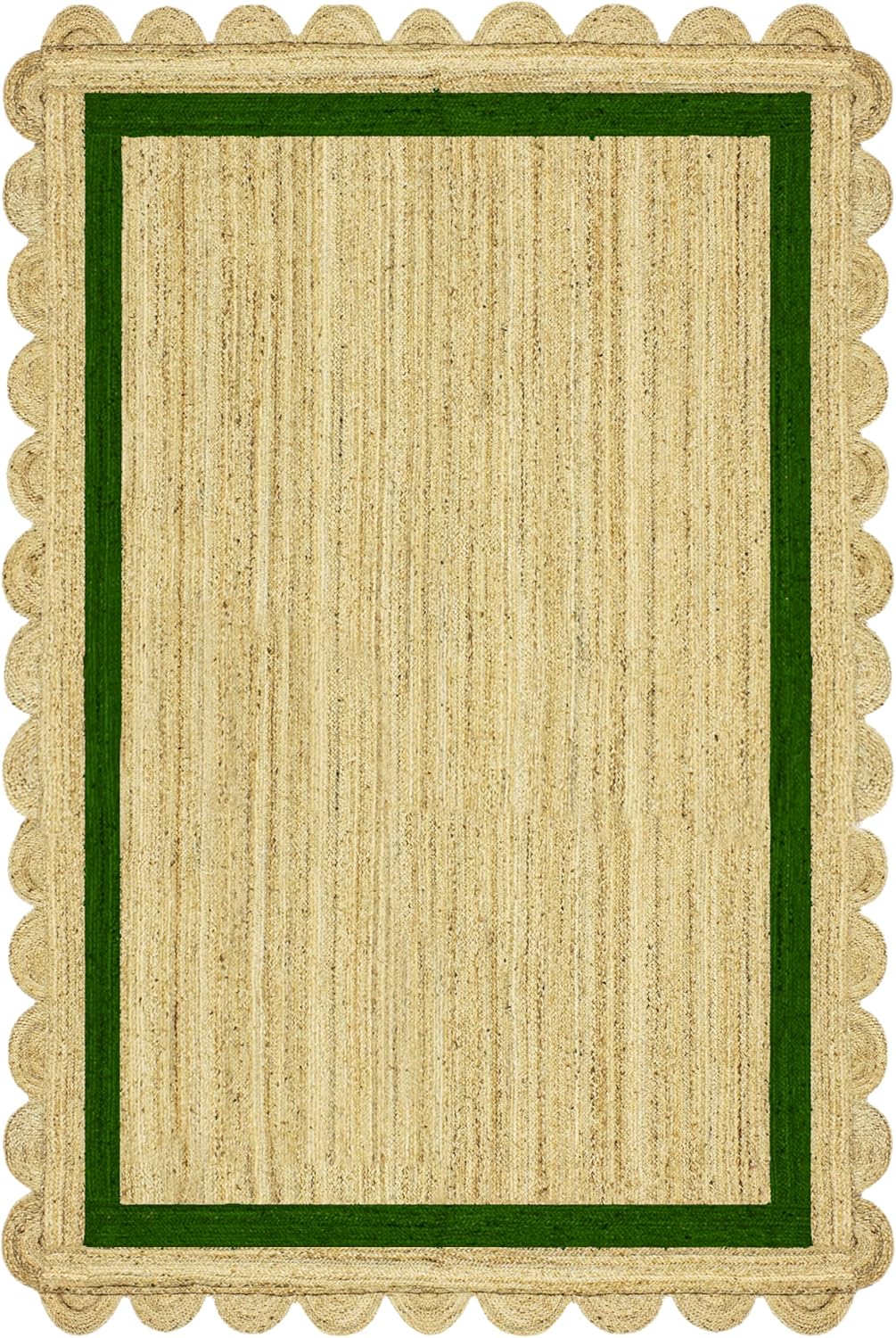 Natural Jute Area Rug with a scalloped edge and green border, perfect for adding texture to any living space.