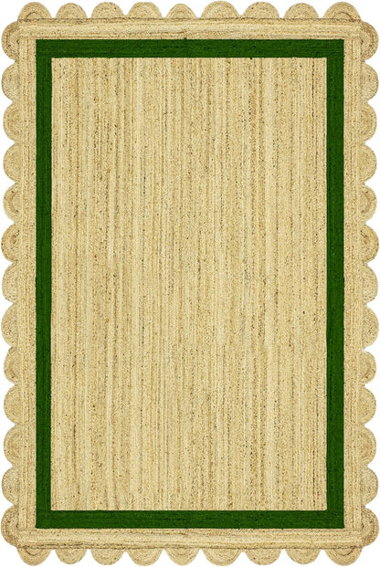 Natural Jute Area Rug with a scalloped edge and green border, perfect for adding texture to any living space.