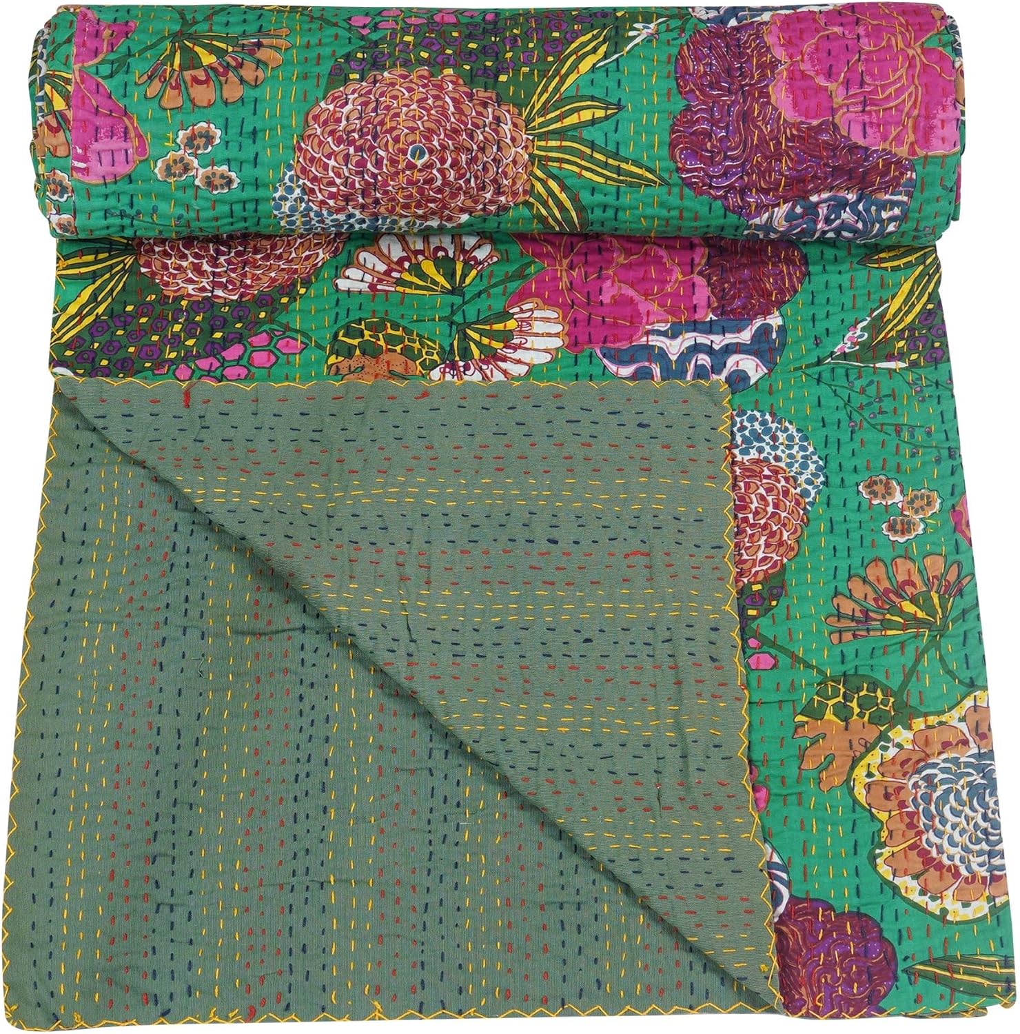 Colorful floral-patterned fabric with a green base, folded and displayed.