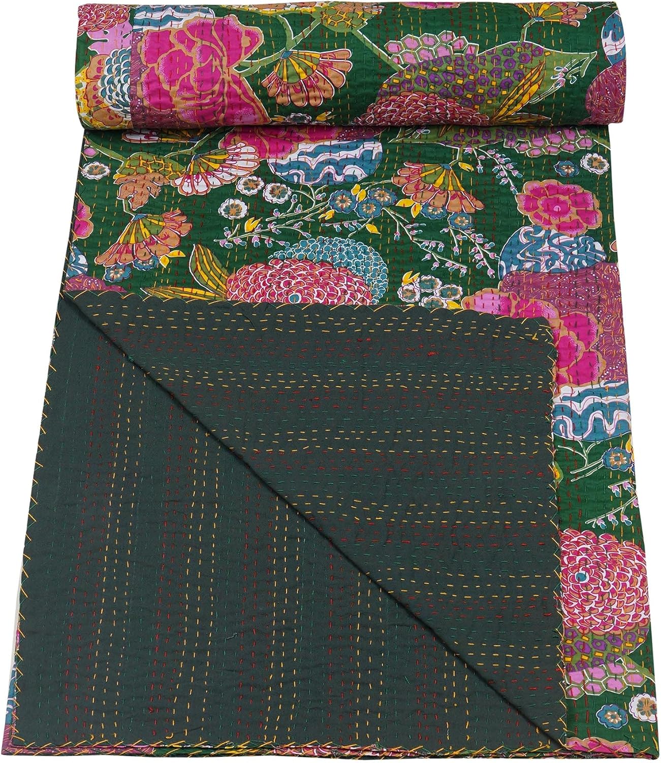 Floral patterned fabric rolled up on a green background