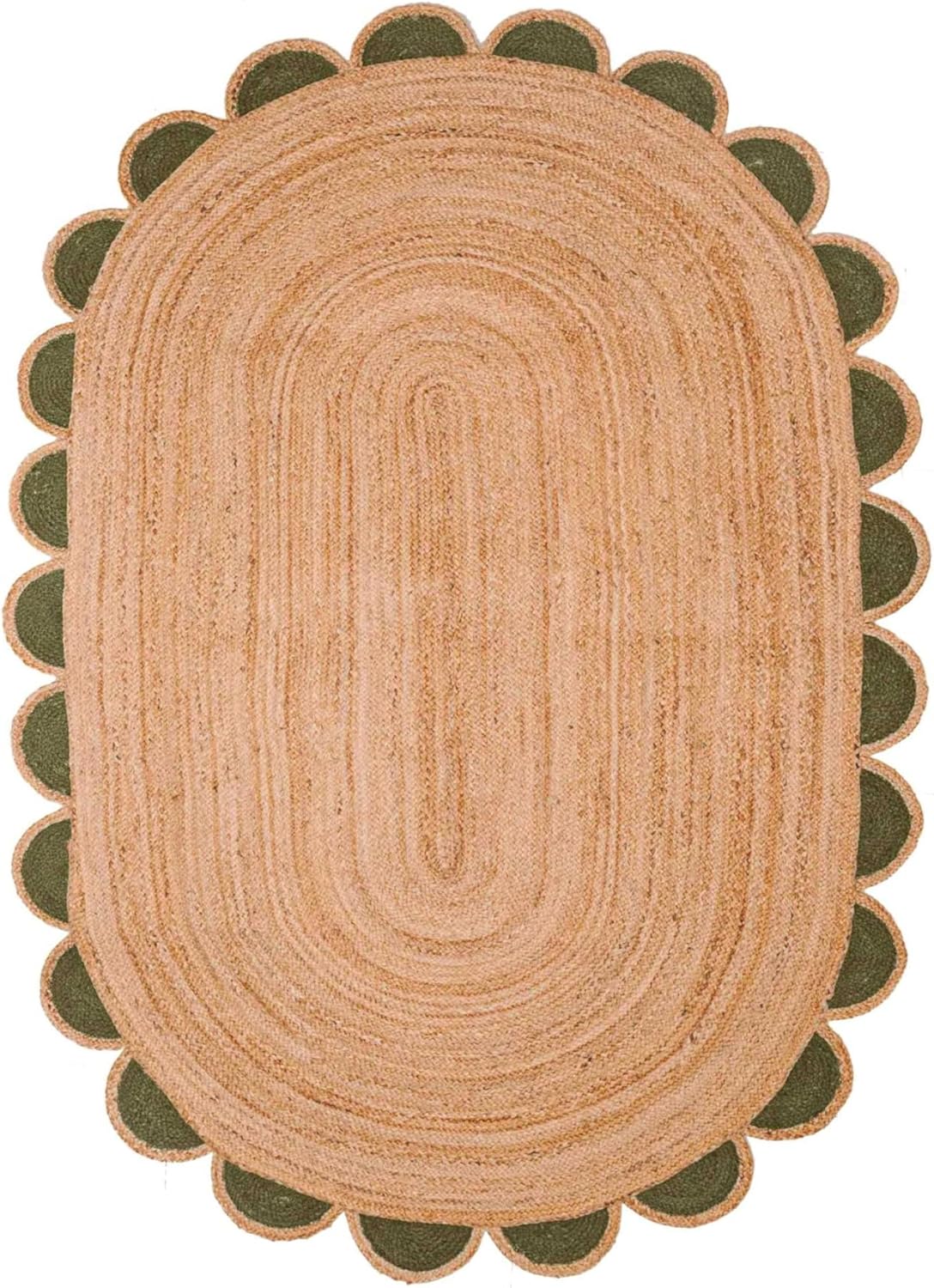 Oval jute area rug with green scalloped edges, natural color and textured design for versatile decor.