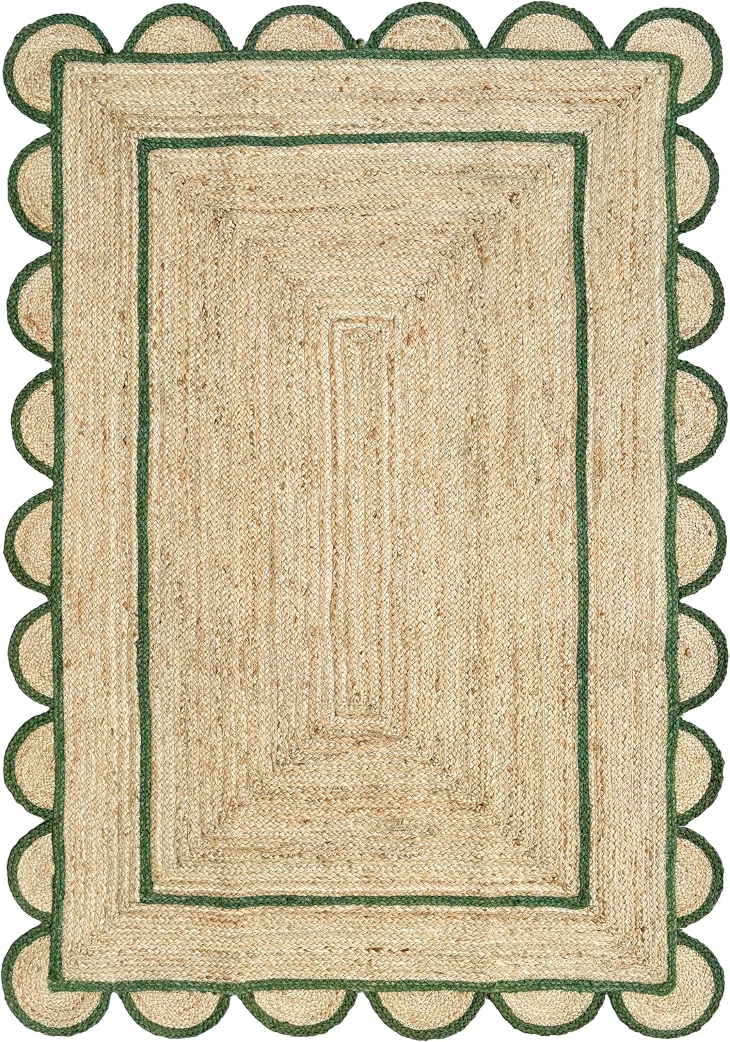 A rectangular natural jute rug with a scalloped green border and concentric green inner borders, shown flat against a white background.
