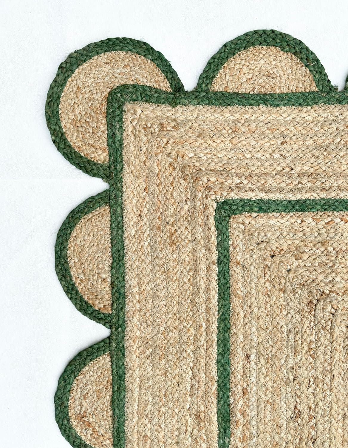 Handmade Natural Green Scalloped Jute Rug Rectangle Braided Area Rug Farmhouse Boho Living Room Bedroom Entryway Rug
