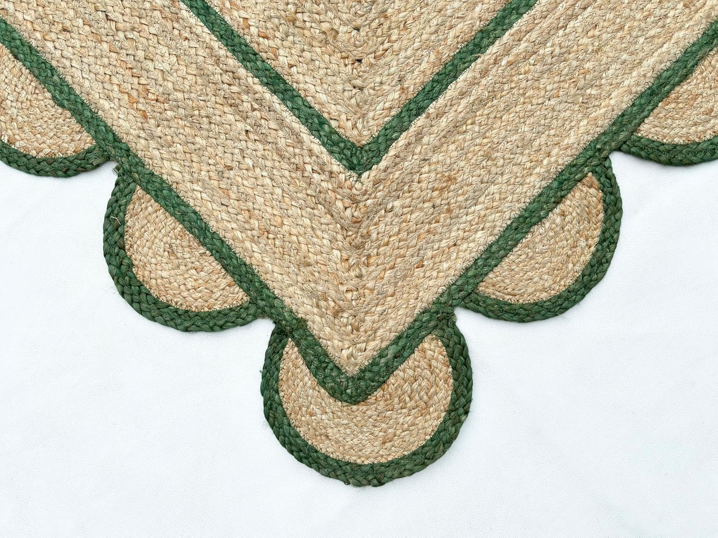 Handmade Natural Green Scalloped Jute Rug Rectangle Braided Area Rug Farmhouse Boho Living Room Bedroom Entryway Rug
