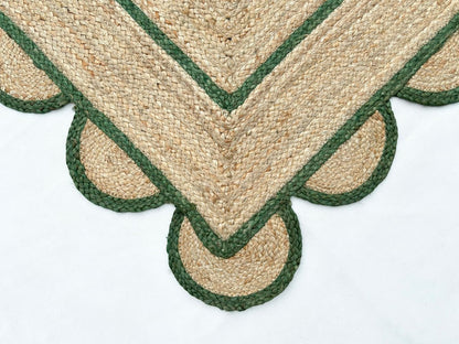Handmade Natural Green Scalloped Jute Rug Rectangle Braided Area Rug Farmhouse Boho Living Room Bedroom Entryway Rug
