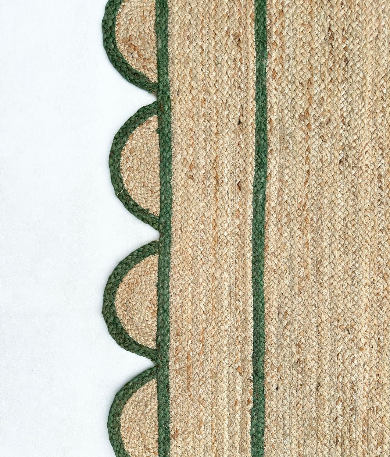 Handmade Natural Green Scalloped Jute Rug Rectangle Braided Area Rug Farmhouse Boho Living Room Bedroom Entryway Rug