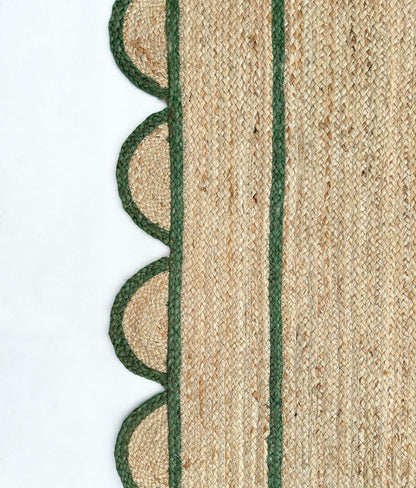 Handmade Natural Green Scalloped Jute Rug Rectangle Braided Area Rug Farmhouse Boho Living Room Bedroom Entryway Rug