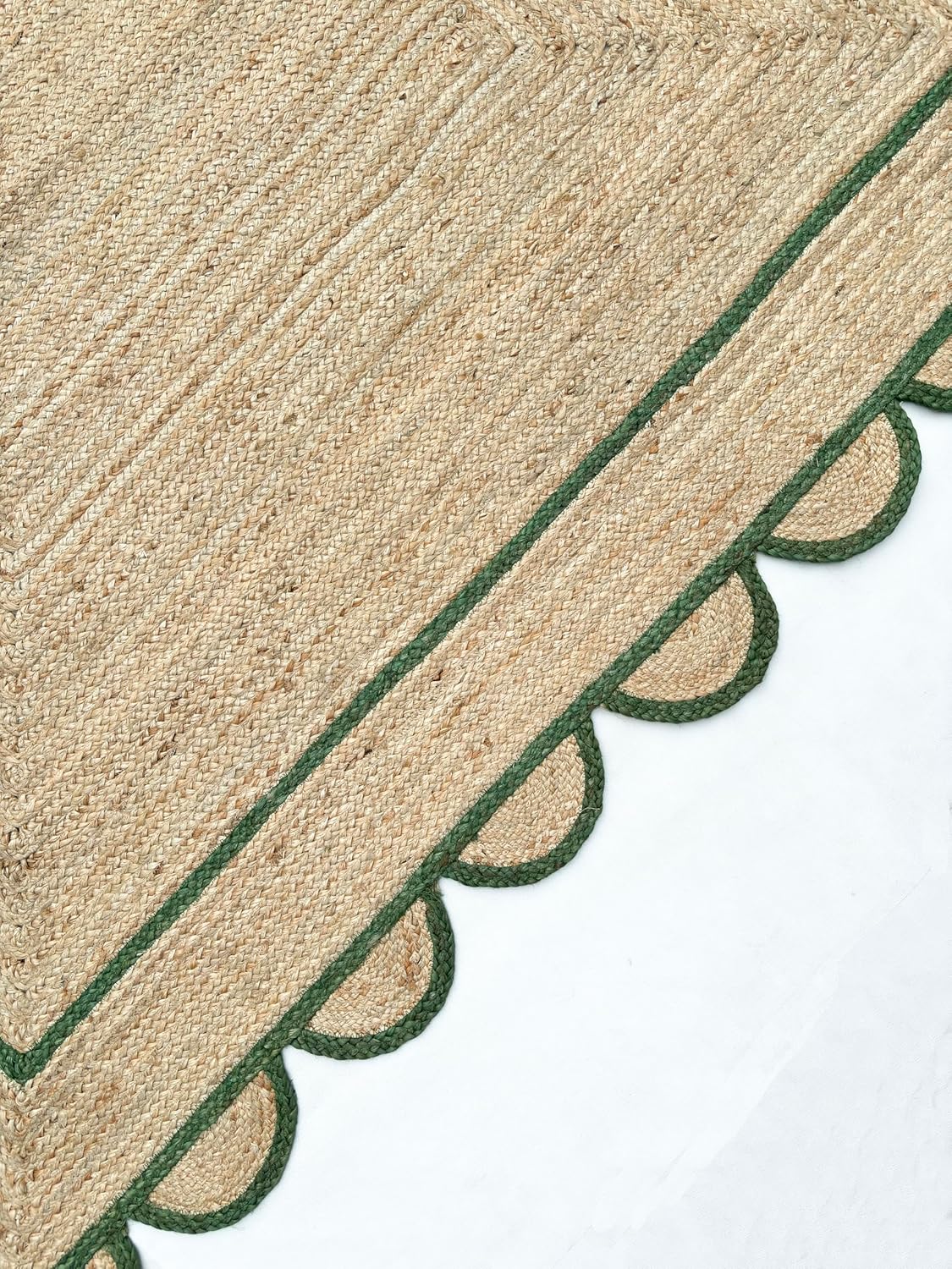 Handmade Natural Green Scalloped Jute Rug Rectangle Braided Area Rug Farmhouse Boho Living Room Bedroom Entryway Rug