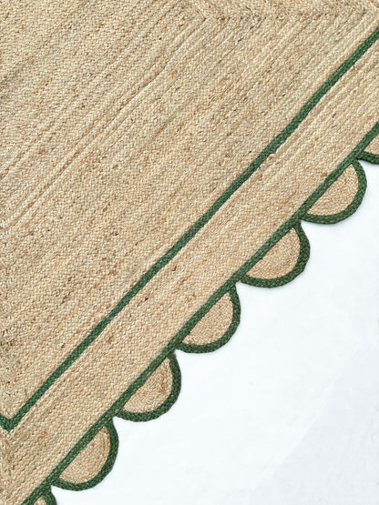 Handmade Natural Green Scalloped Jute Rug Rectangle Braided Area Rug Farmhouse Boho Living Room Bedroom Entryway Rug