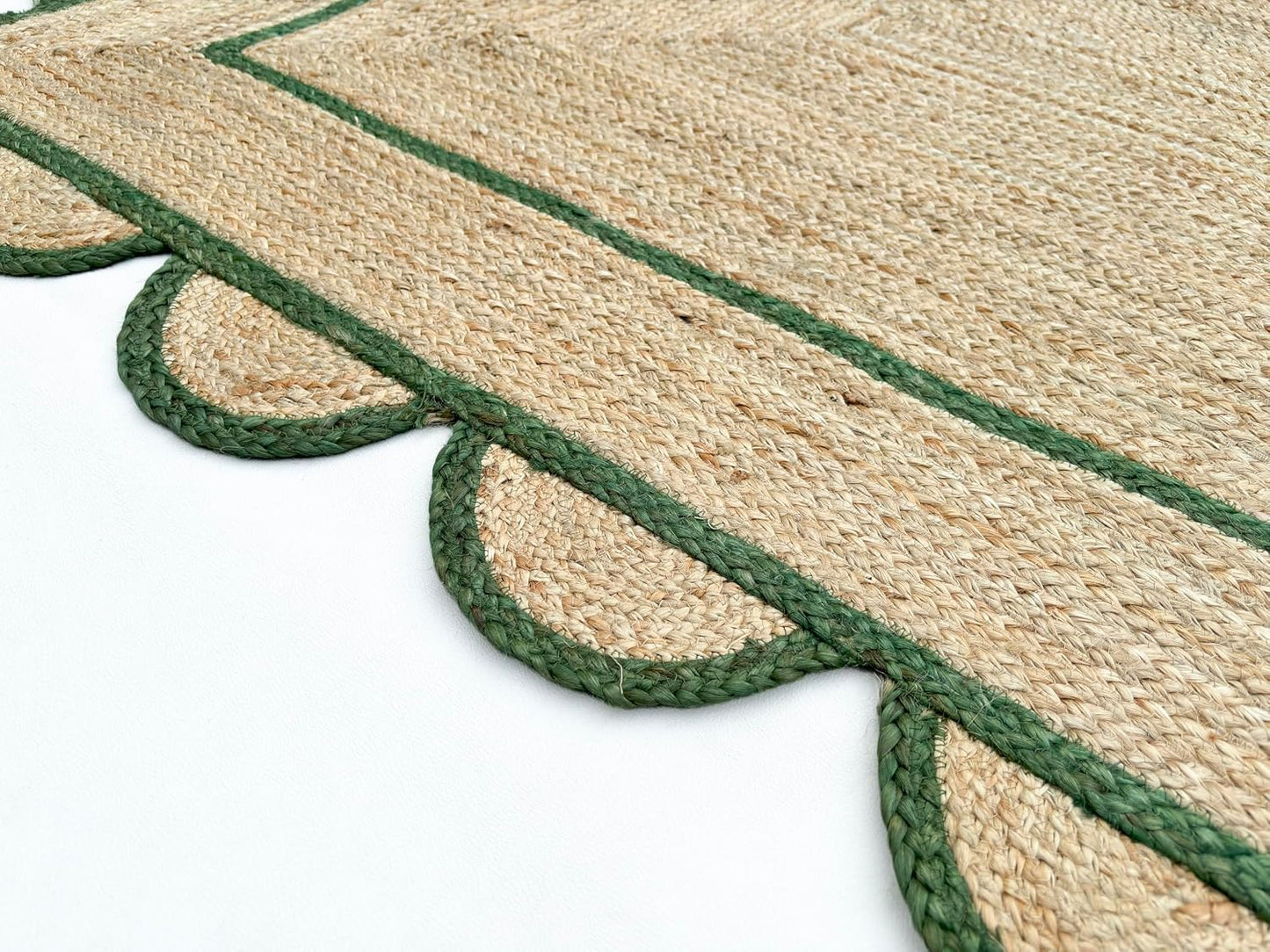 Handmade Natural Green Scalloped Jute Rug Rectangle Braided Area Rug Farmhouse Boho Living Room Bedroom Entryway Rug