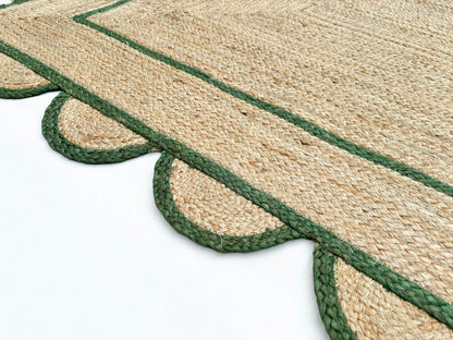 Handmade Natural Green Scalloped Jute Rug Rectangle Braided Area Rug Farmhouse Boho Living Room Bedroom Entryway Rug