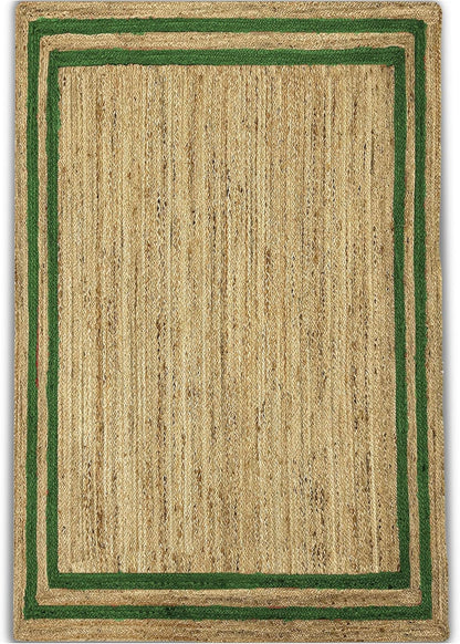Natural Jute Area Rug with green border, perfect for living room or entryway as a floor carpet.