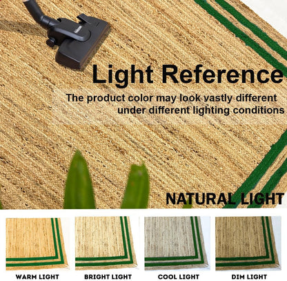 Natural Jute Area Rug with green border, ideal as a floor carpet or entryway mat in a bohemian style.