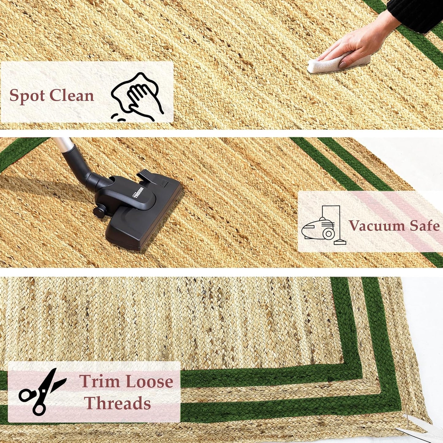 Natural Jute Area Rug with green border, suitable for indoor use, easy to vacuum and spot clean.
