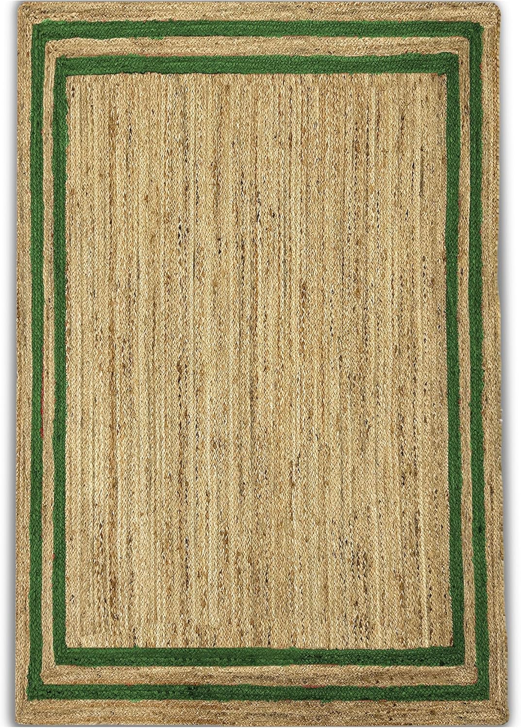 Natural Jute Area Rug with green border in a rectangular shape, ideal for indoor use as a floor carpet.
