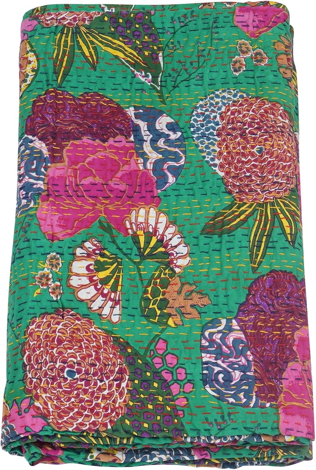 Colorful floral patterned fabric with vibrant colors on a green background