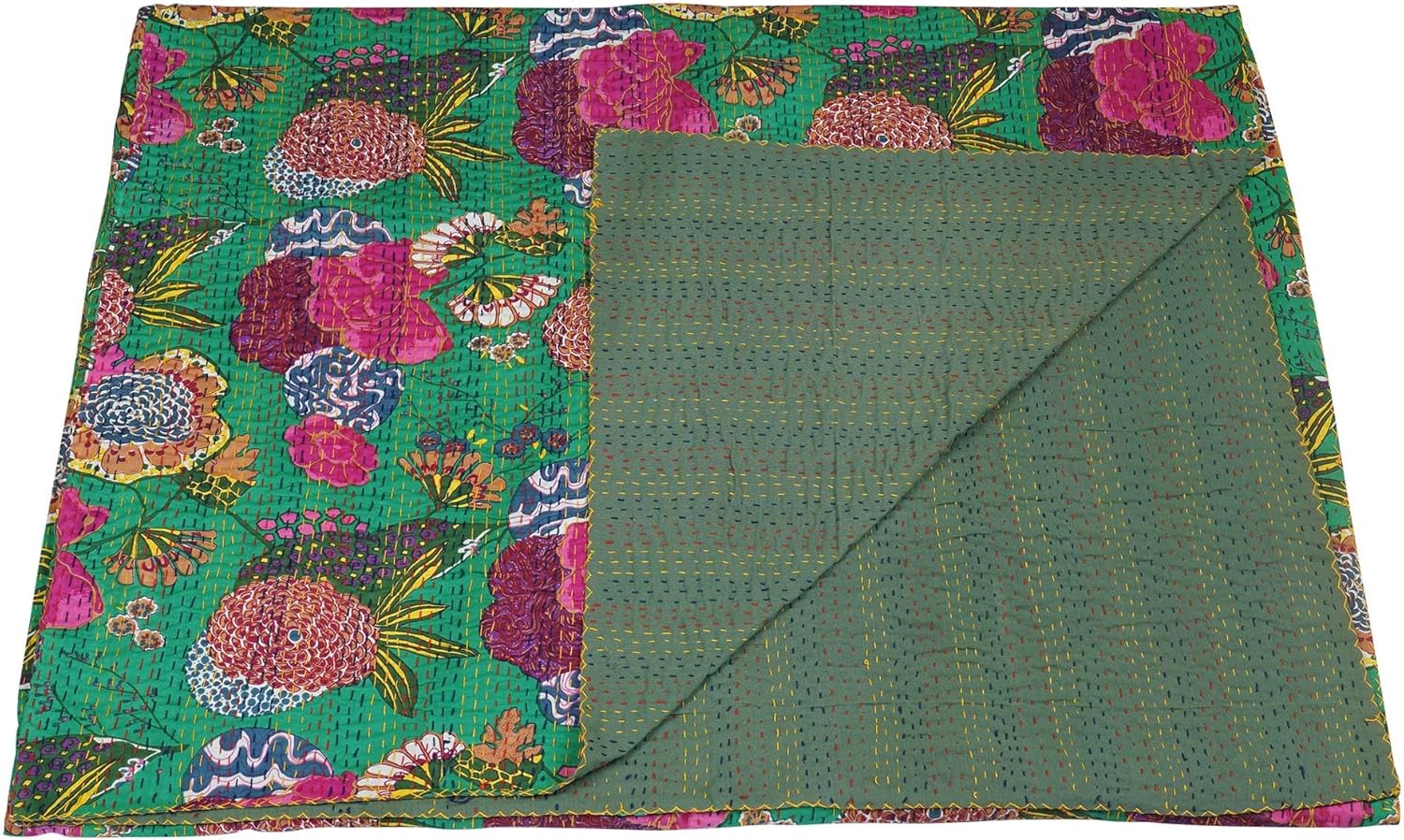 Two floral-patterned cloths, one green and one multicolored, on a white background.