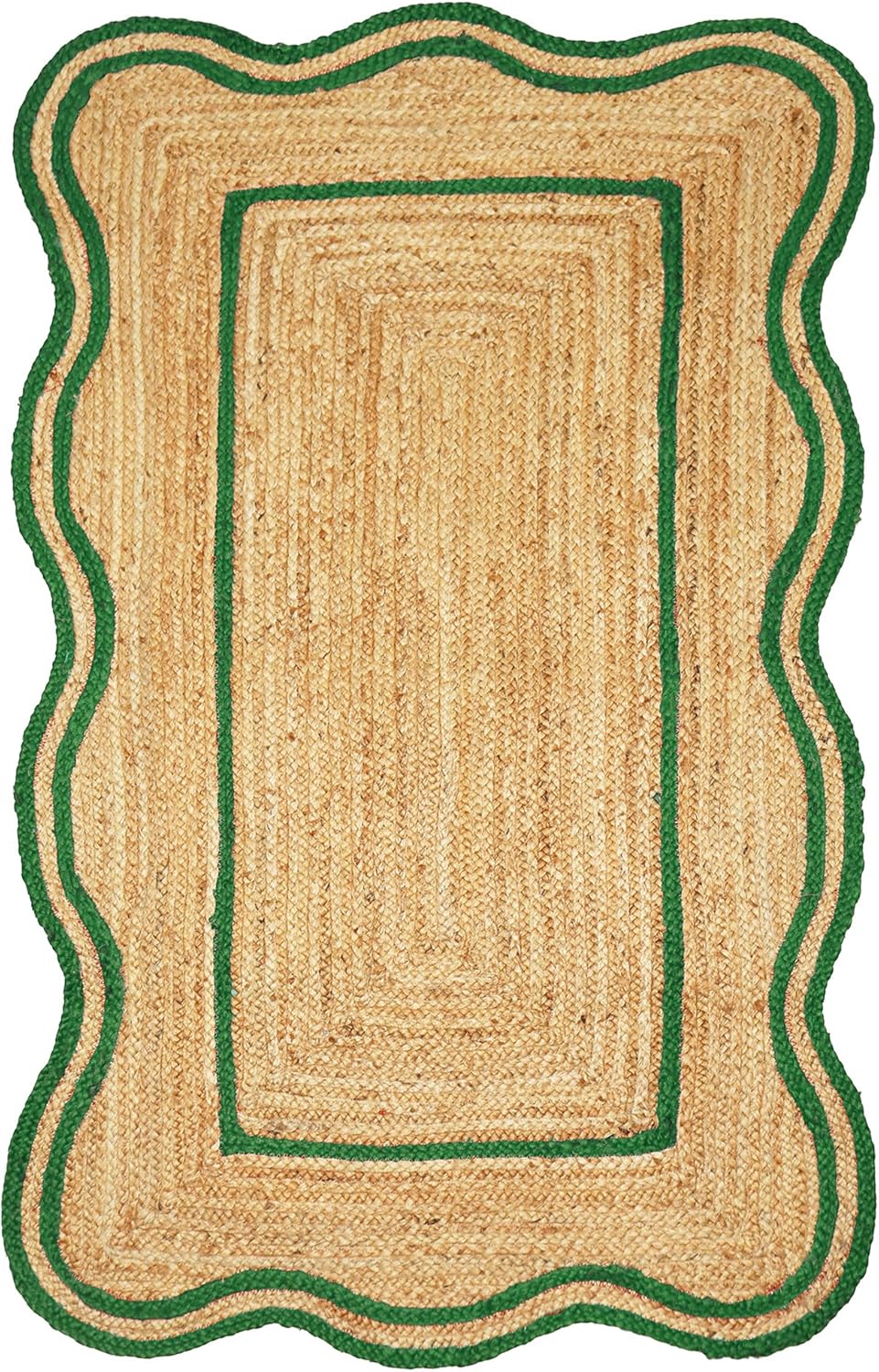 Natural Jute Area Rug with a scalloped edge and green border, suitable for indoor or outdoor use.