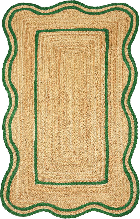 Natural Jute Area Rug with a scalloped edge and green border, suitable for indoor or outdoor use.