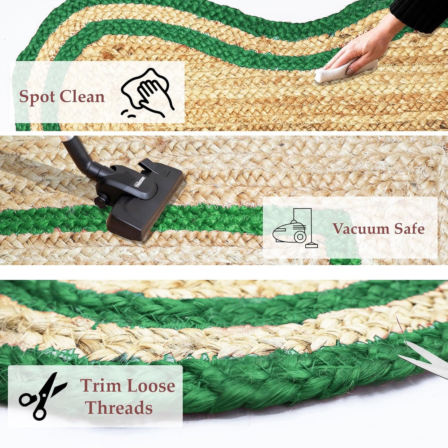 Natural Jute Area Rug with green accents, perfect for indoor or outdoor use as a floor carpet or entryway mat.