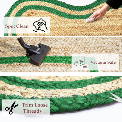 Natural Jute Area Rug with green accents, perfect for indoor or outdoor use as a floor carpet or entryway mat.