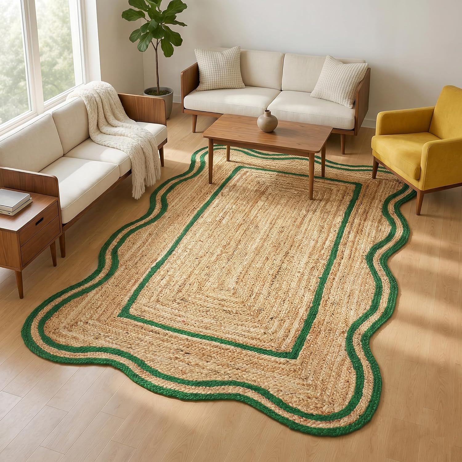 Natural Jute Area Rug with a scalloped green border, perfect for living room or entryway floor decor.
