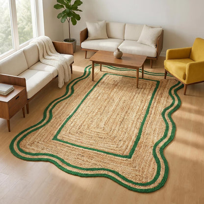 Natural Jute Area Rug with a scalloped green border, perfect for living room or entryway floor decor.