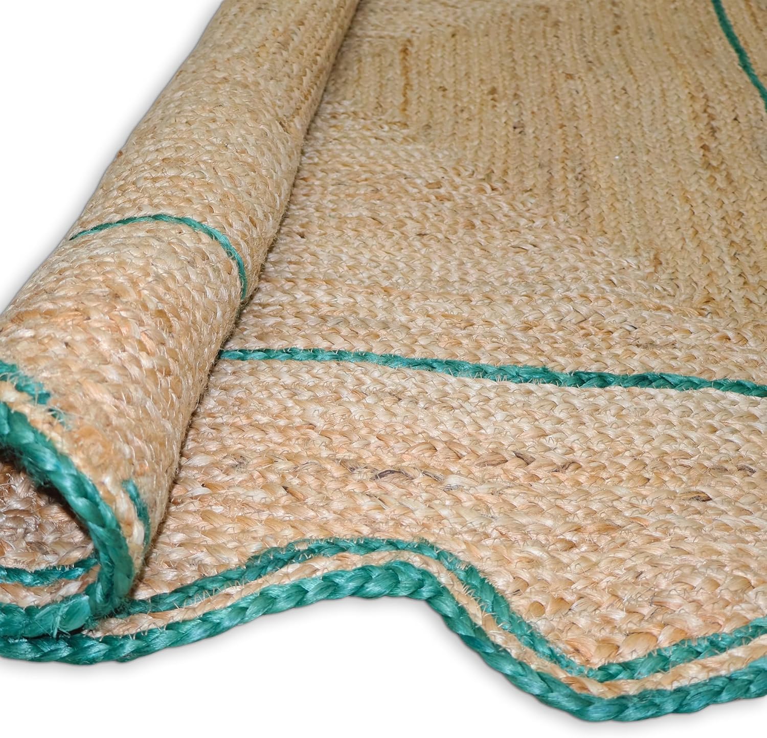 Natural Jute Area Rug with green trim, ideal for living room or entryway as a stylish floor carpet.