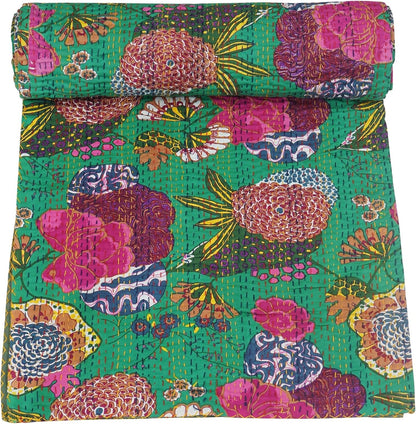 green kantha quilt with fruit and floral print handmade cotton bedspread