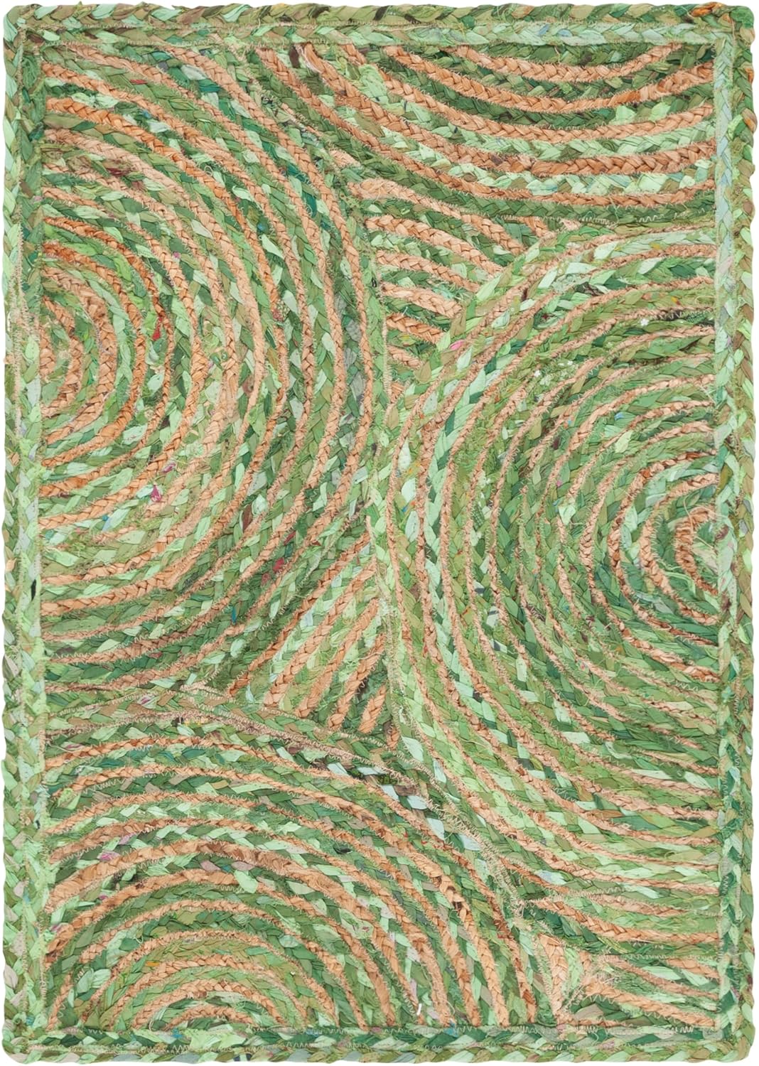 Natural Jute Area Rug in a swirling green pattern — a handmade jute runner perfect for adding texture to any space.