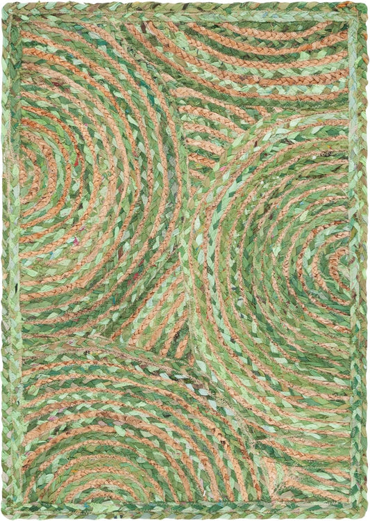 Natural Jute Area Rug in a swirling green pattern — a handmade jute runner perfect for adding texture to any space.