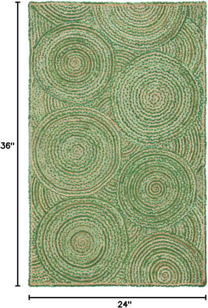 Natural Jute Area Rug featuring a textured circular pattern in green tones — perfect for adding warmth to any space.