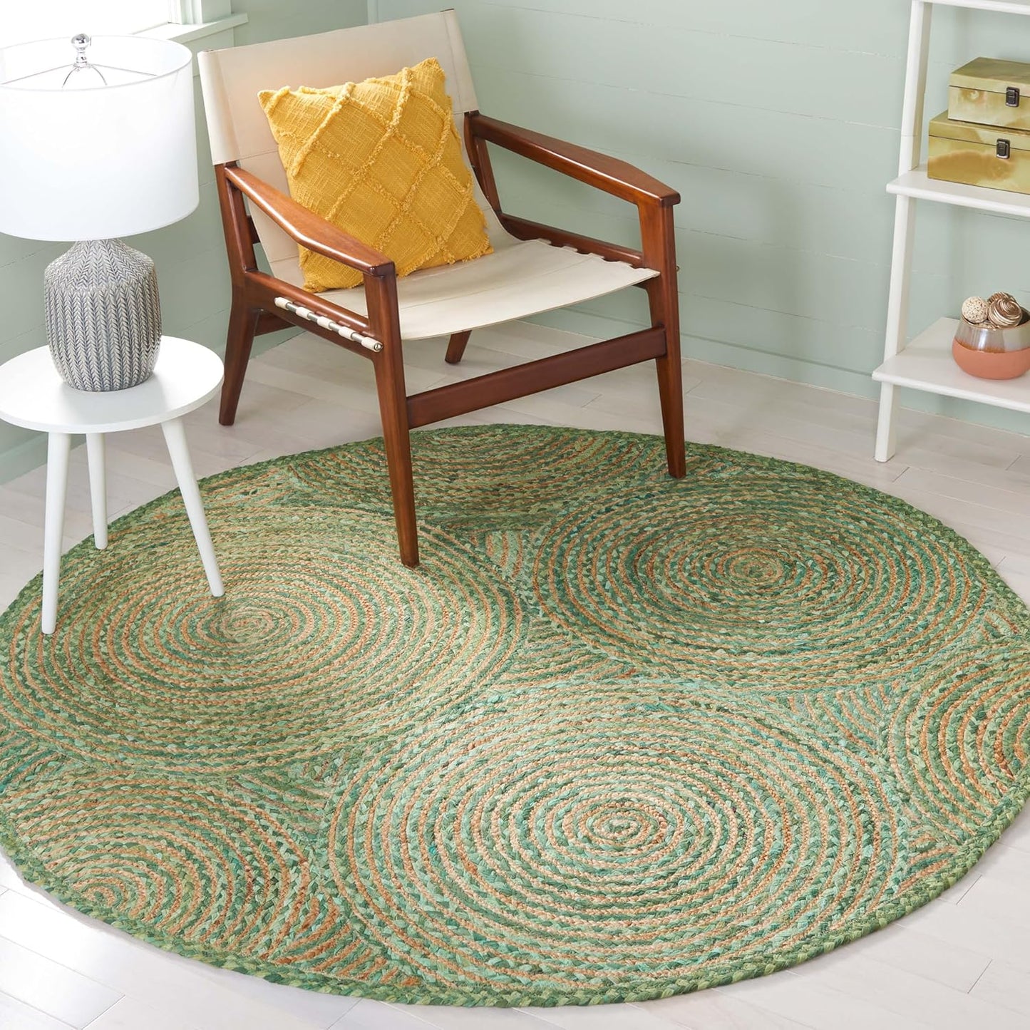 Natural Jute Area Rug in a round shape with textured patterns, perfect for adding warmth to any living space.