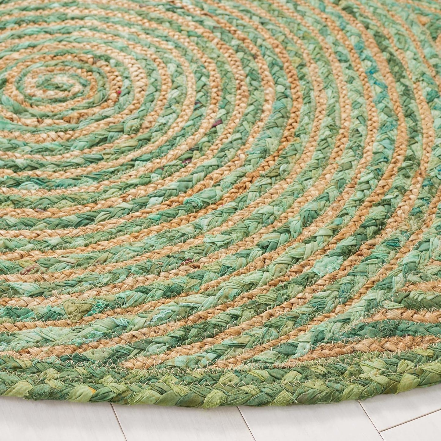 Natural Jute Area Rug in green tones featuring a spiraled design — ideal for enhancing any living space or entryway.