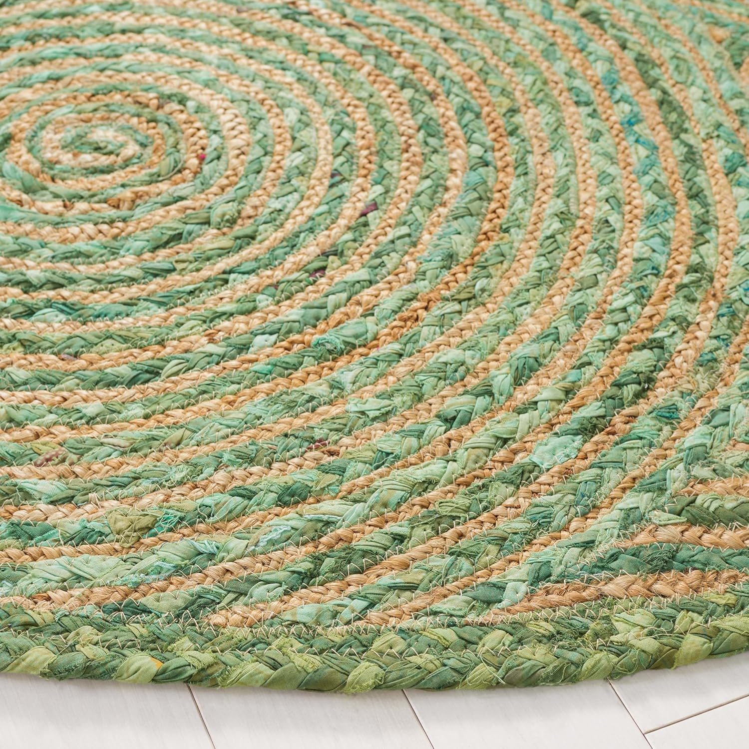Natural Jute Area Rug in green tones featuring a spiraled design — ideal for enhancing any living space or entryway.