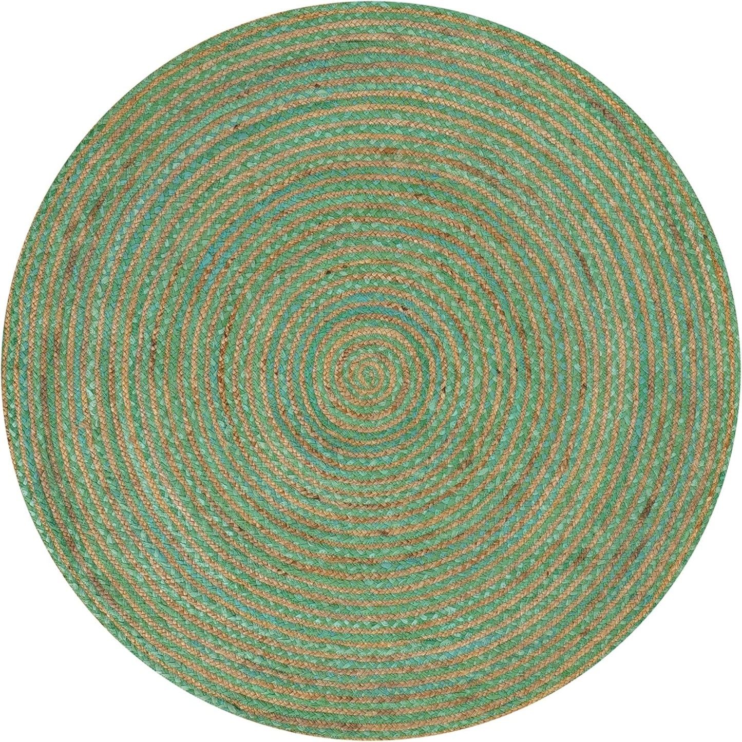 Round jute rug featuring green and tan stripes, perfect for eco-friendly home decor.