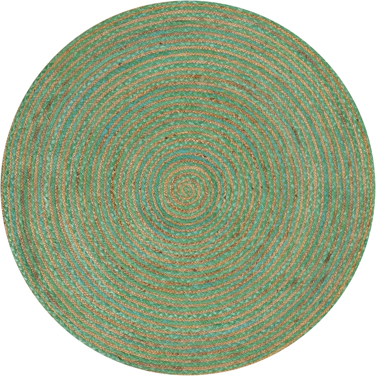 Round jute rug featuring green and tan stripes, perfect for eco-friendly home decor.