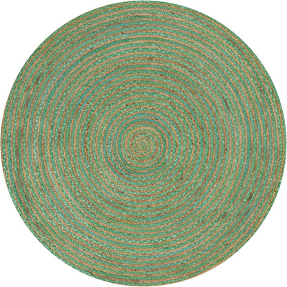 Round jute rug featuring green and tan stripes, perfect for eco-friendly home decor.