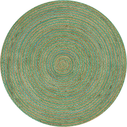 Round jute rug featuring green and tan stripes, perfect for eco-friendly home decor.