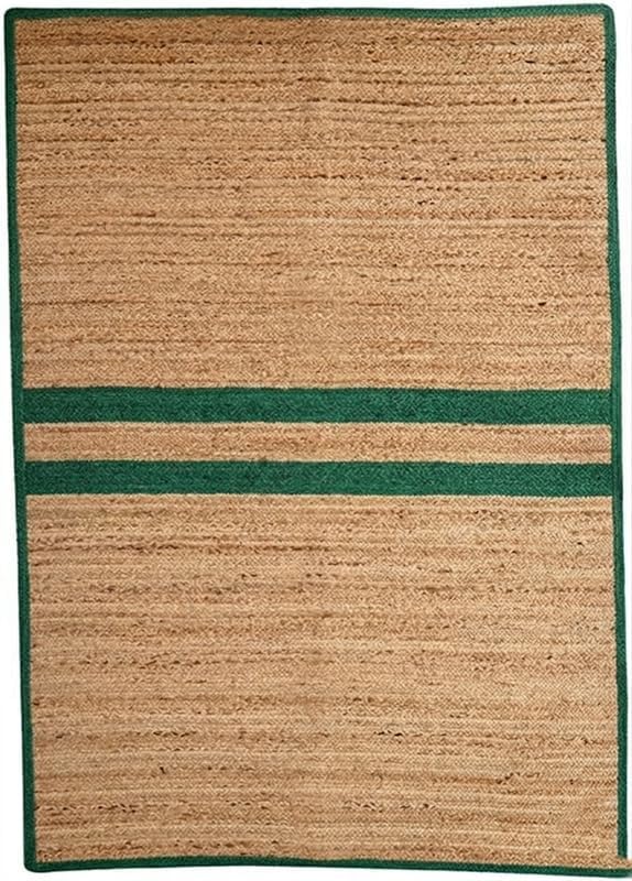 Natural Jute Area Rug in tan with green border stripes for indoor floor carpet rug