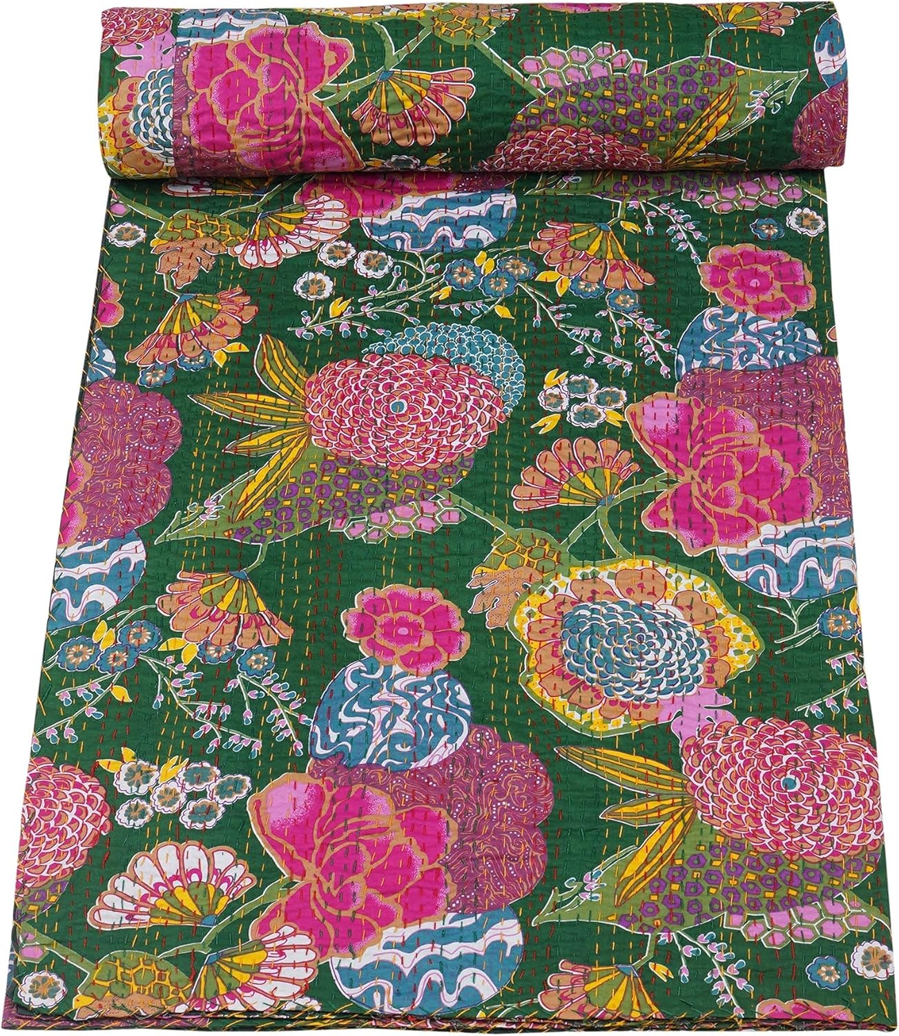 Colorful floral-patterned fabric roll on a green background