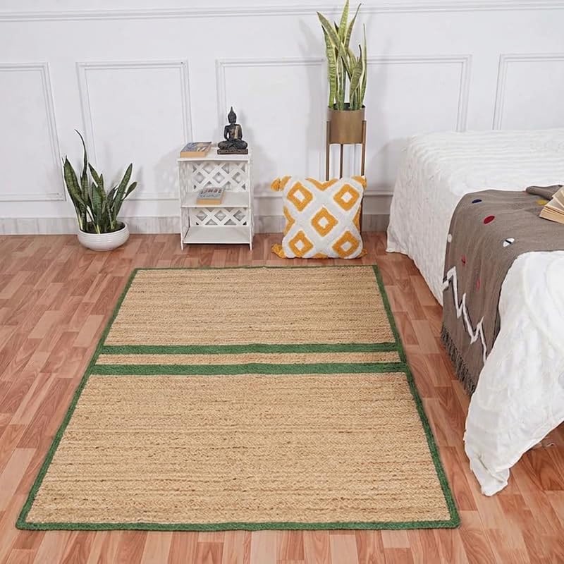 Natural Jute Area Rug rectangular natural jute floor rug with green border in bedroom