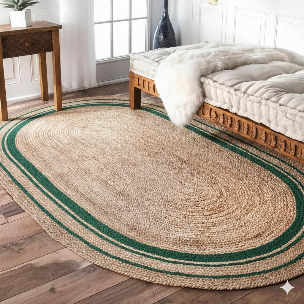 Round jute rug with green border on wooden floor in bedroom