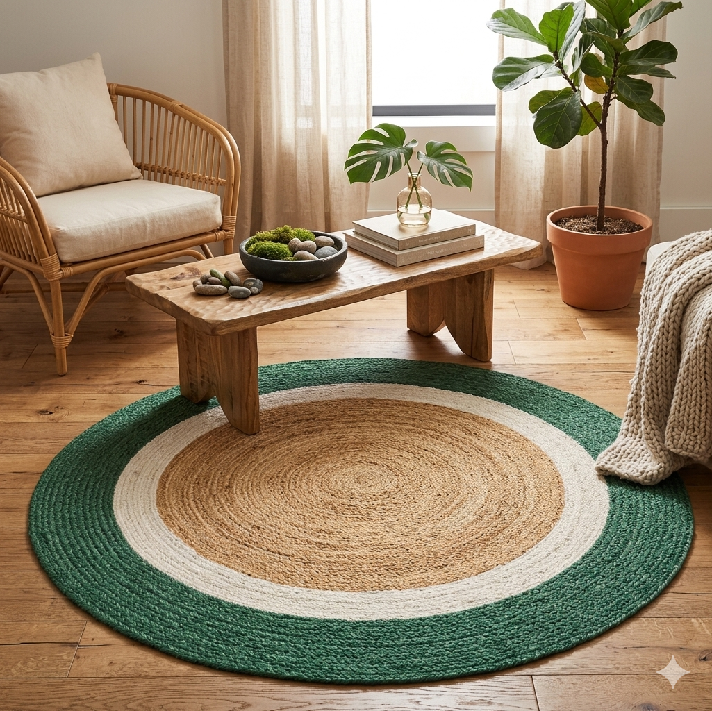 Natural Jute Area Rug Oval Rug green jute border with natural center on wood floor