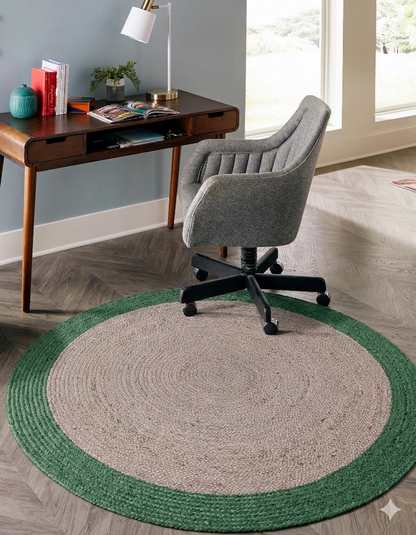 Home office with a desk, chair, and round rug on a wooden floor.