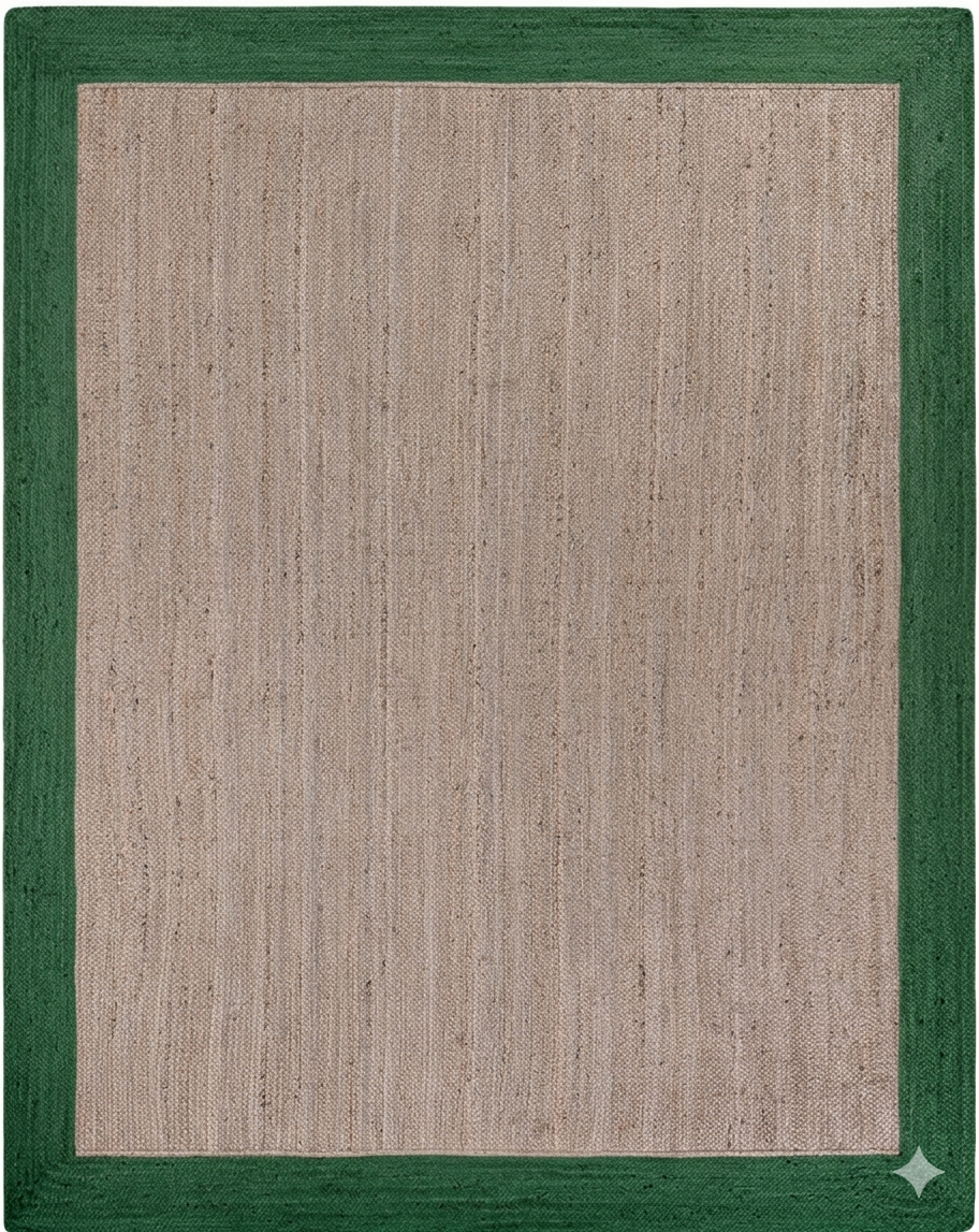 Textured beige rug with a green border