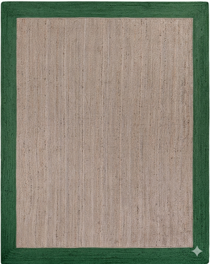 Textured beige rug with a green border