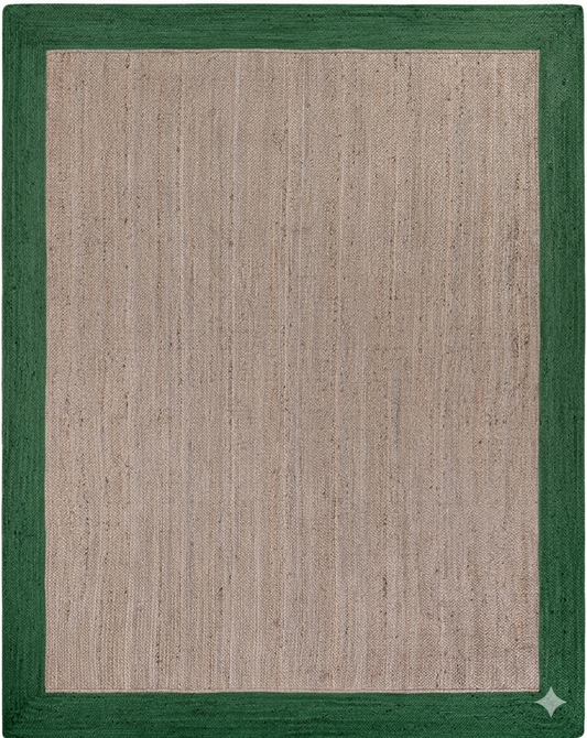 Textured beige rug with a green border